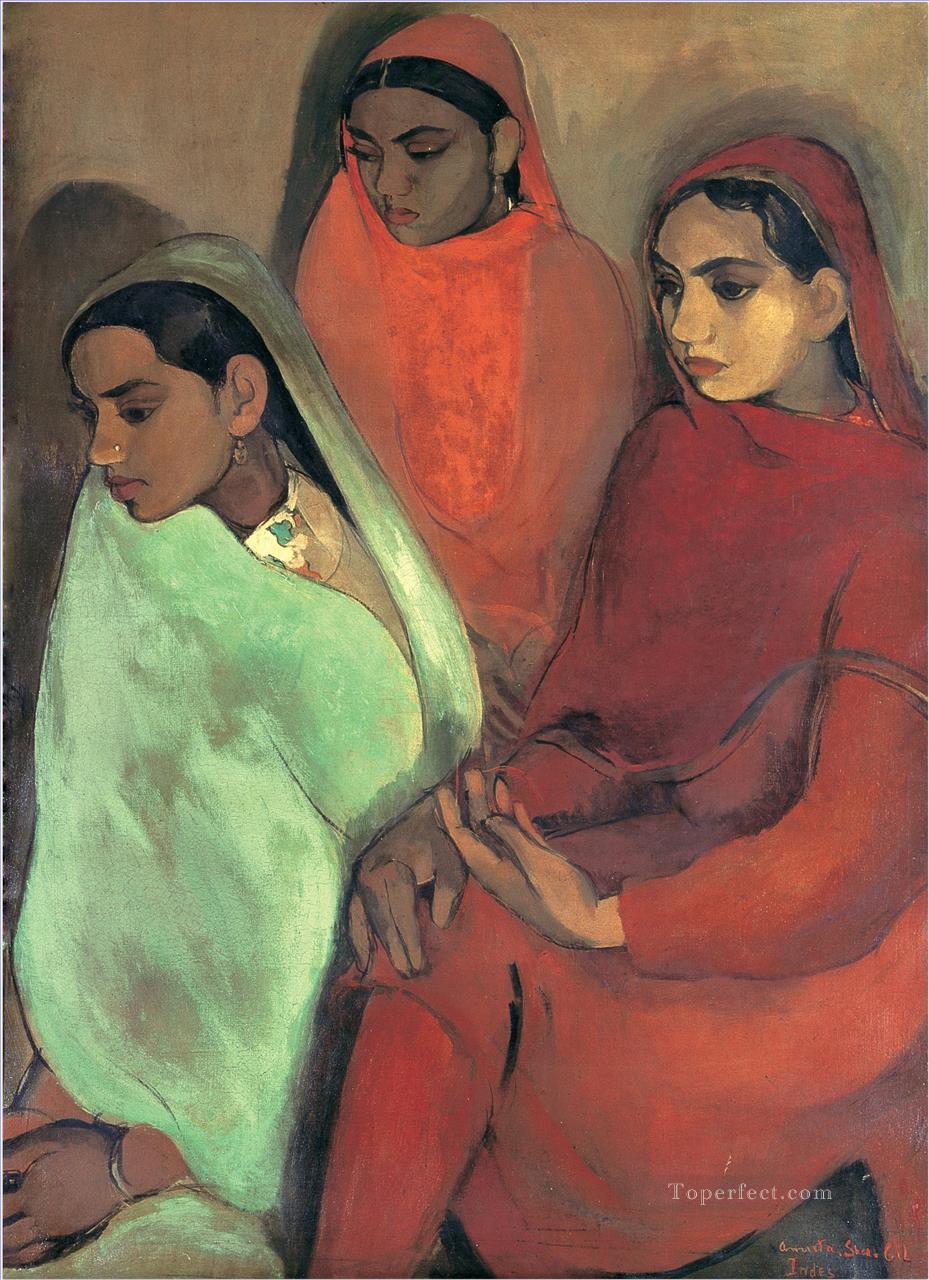 Amrita Sher Gil Group of Three Girls Indian Oil Paintings